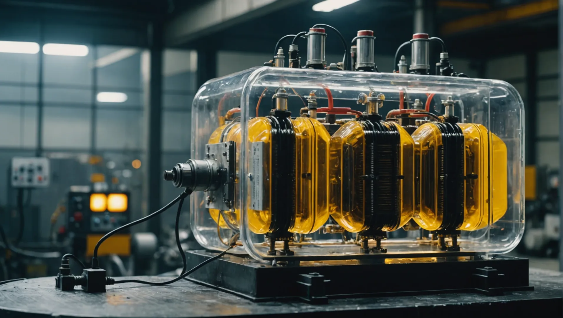 A transformer partially submerged in insulating oil, with visible windings and oil showing dielectric properties.