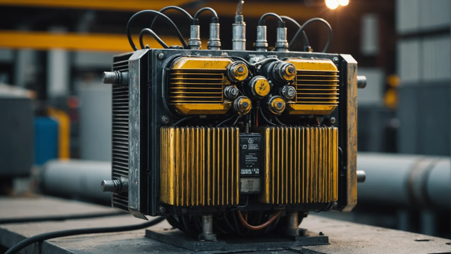 Close-up of a transformer with oil flowing, demonstrating heat dissipation.