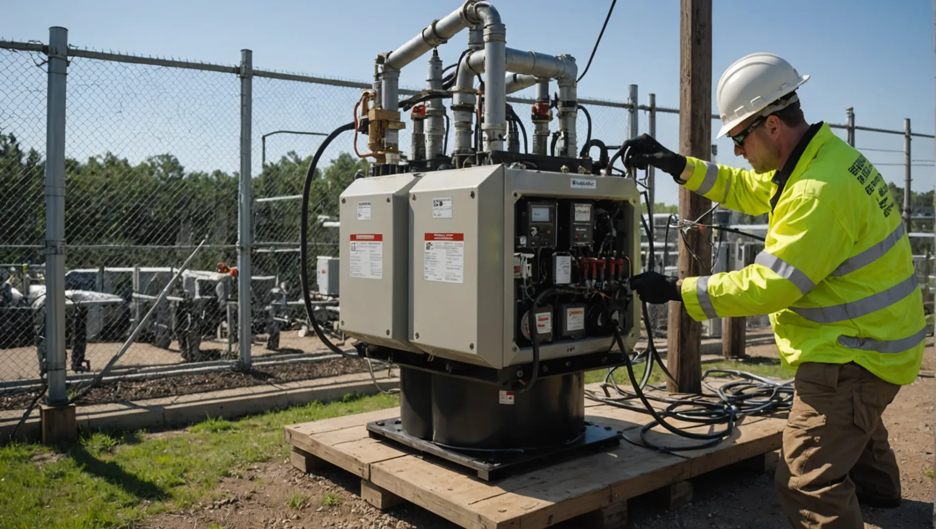 Technician performing oil maintenance on a large electrical transformer